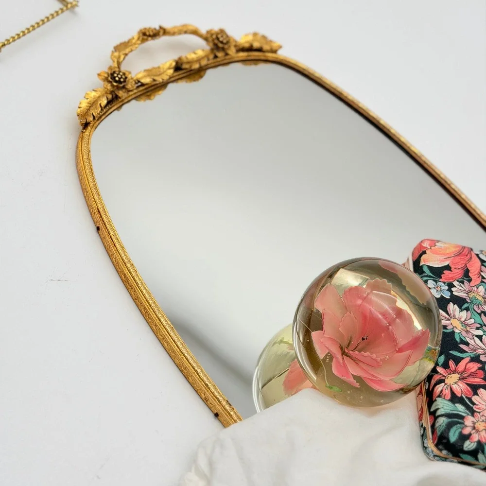 Vintage Hollywood Regency Gold Filigree Mirrored Vanity Tray Floral Handles Oval